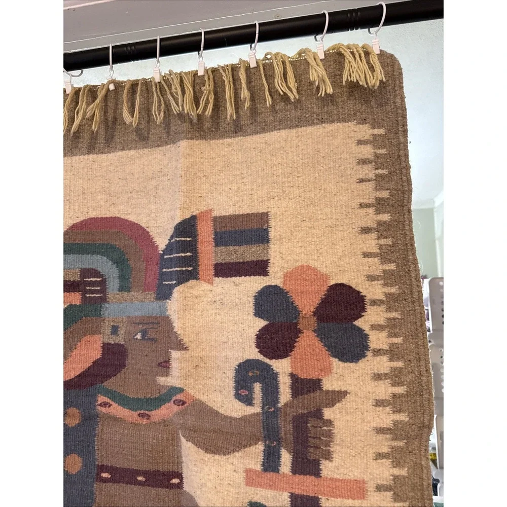 Vtg Rug Wool Hand Woven Aztec Pictorial Mexico Tapestry Prayer Rug/ Hang 36